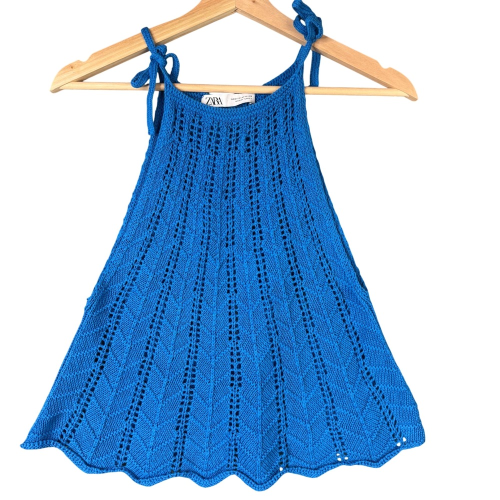 Zara Blue Pointelle Knit Scalloped Hem Tie Strap Halter Tank Top Medium